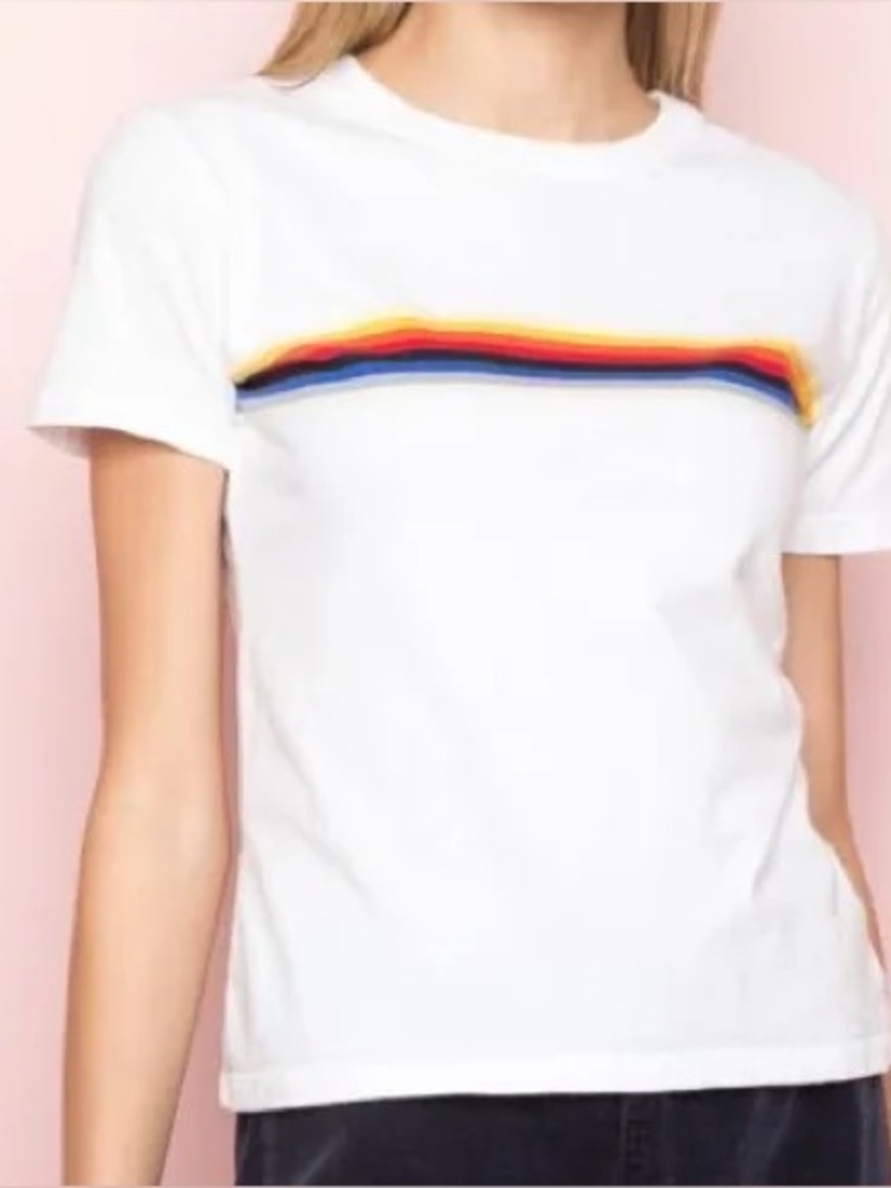 Brandy Melville John Galt White Short-Sleeve Tee with Rainbow Stripe